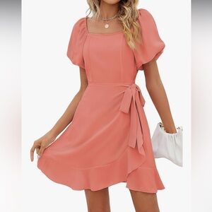 Elegant Coral Puff Sleeve Dress